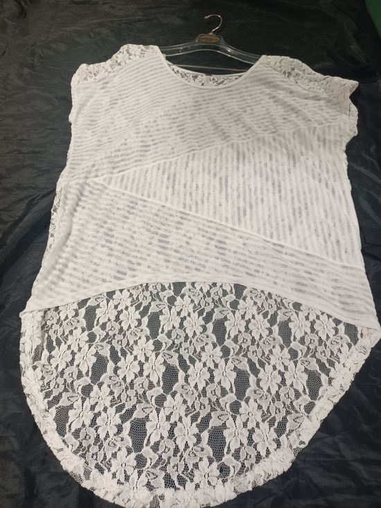 Free People Tops - Free People White Sheer Striped Tunic with Lace Back